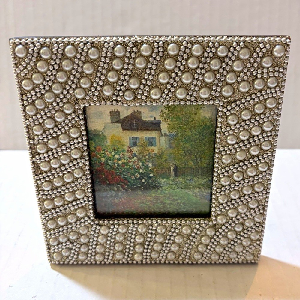 Vintage Glam Faux Pearl & Silver Beaded 5x5 Square Picture Frame
